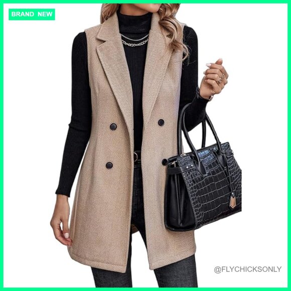 Long Sleeveless Tweed Vest Blazer Jacket for Women